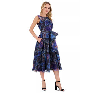 Eliza J Women's Belted Floral-Cocktail Dress - Black/blue, Size 14, MSRP:l 228$